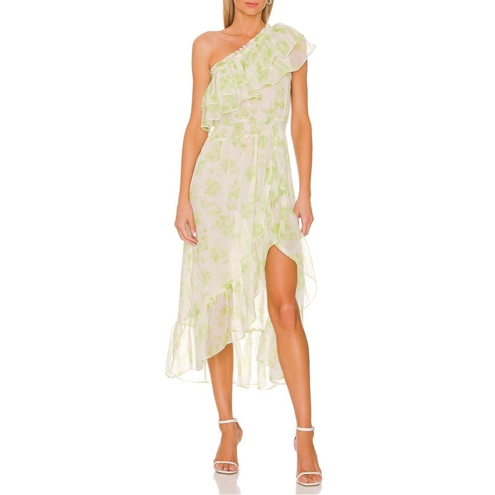 Misa Los Angeles - Rumi Green Chiffon Floral One Shoulder Dress
